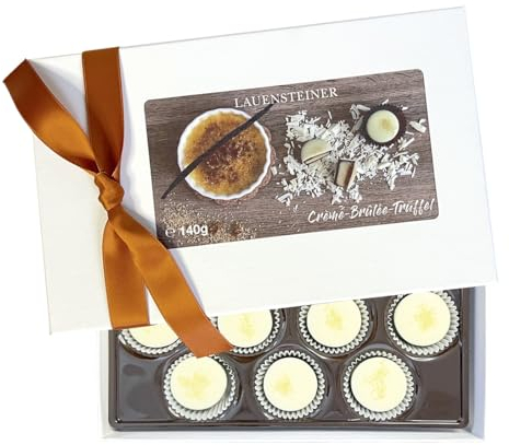 Lauensteiner Crème-Brûlée-Trüffel mit Alkohol 140g, 10 handgemachte, Crème-Brûlée-Pralinen in eleganter Geschenkbox - Weiße Edle Pralinen - Geschenk für jeden Anlass