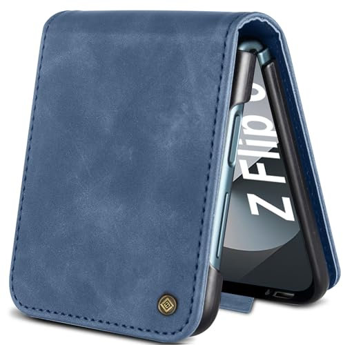Giyer Custodia per Samsung Galaxy Z Flip 6 5G – Custodia in pelle di alta qualità con funzione di supporto, scomparto per carte di credito, portafoglio, pellicola protettiva antiurto – blu
