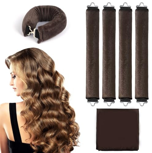 GROFIS 5 Pezzi Bigodini Senza Calore, Bigodino Bacchette Flessibili con Ganci, Bigodino Lungo per Boccoli, Arricciatori per la Notte, Bigodino Morbidi per Capelli Lunghi Medi e Corti, Marrone