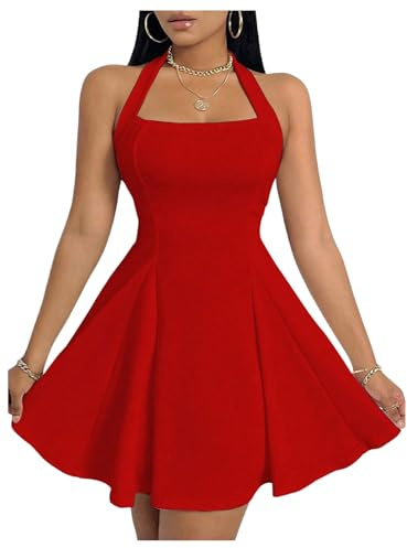 GORGLITTER Women's Halter Neck A Line Mini Dress Sleeveless Skater Dress | Swing Party Cocktail Dresses, Flared, Square Neck, Summer Dress for Graduation, Birthday, Going Out