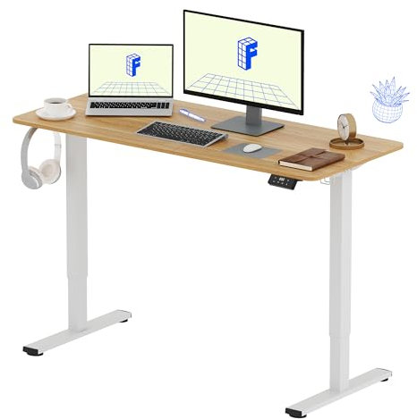 FLEXISPOT Scrivania alzabile elettrica da tavolo con piano da 140 x 60 cm, Standing Desk, tavolo sollevabile con 2 ganci, portabicchieri e organizer per cavi, 4 pulsanti di memoria, per ufficio e casa