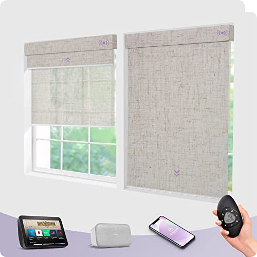 Rechargeable Motorised Smart Dual Roller Blinds for Window Blackout & Sheer Electric Double Blinds with Remote Control Compatible With Alexa Google Linen Beige