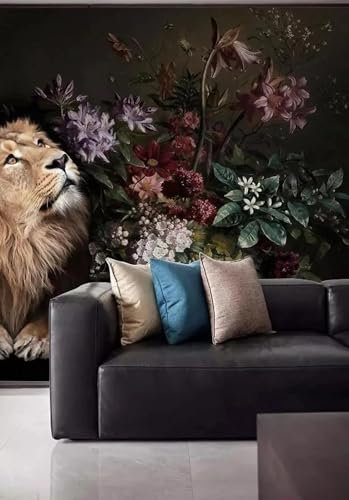 WEIMEIJIE Wandbild moderne schwarze handgemalte Pflanzen Blumen Tiere Löwe Schlafzimmer Wohnzimmer Tapete Hintergrund Wandkunst Malerei