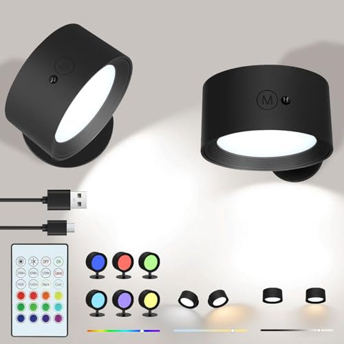 Applique da parete Set di 2, lampada da parete a LED ricaricabile con telecomando RGB e touch control, lampada da parete magnetica da lettura senza fili per camera da letto, comodino, soggiorno