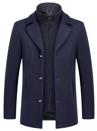 KUDMOL Men's 2-in-1 Winter Coat Wool Blend Overcoat with Padded Gilet | Mid-Length Jacket, Stand Collar Vest, Single-Breasted, Side Pockets, Casual Business Outerwear for Autumn and Winter