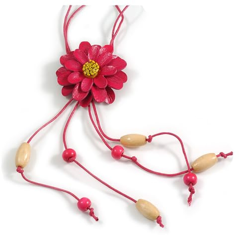 Avalaya Collier Cordon Coton Rose Foncé Réglable Pendentif Fleur Fushia et Pompons Perles en Bois - Longueur max 86cm - Pompon 15cm - 15g - Sans Fermoir, taille unique, Cuir, cordons, Pas de gemme