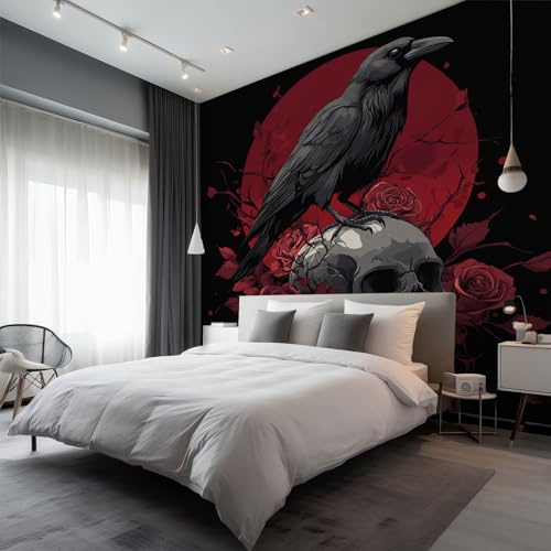 Raven Skull Wallpaper Mural, Black and Red Gothic Wall Mural, Non-Woven Print Photo Wallpaper for Bedroom Living Room Decor 100x70 cm - Yu38