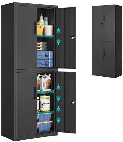 SONGMICS Armadietto Garage a 5 Ripiani con 4 Ante, Armadio Ufficio, 40 x 60 x 180 cm, 2 Serrature, Ripiani Regolabili, Armadio Metallo, Nero Opaco OMC017BD01