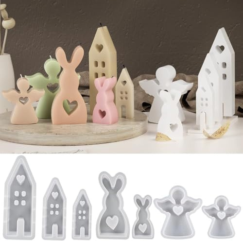 7 Stück Silikonformen Gießformen Weihnachten,Hasenform für Ostern,Silikonformen Gießformen Weihnachten Engel,Silikonform Haus für Weihnachten Kerzenhalter,Engel Kerzen Silikonform,für Handwerk Seife