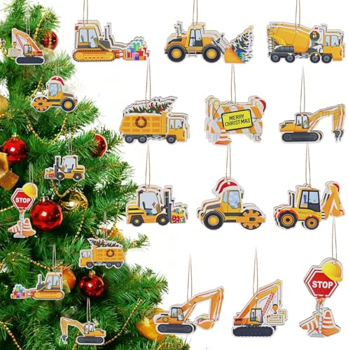 Weihnachtsbaum Anhänger, 24 Stück Bagger Dekorationen Holz, Weihnachten Bauwagen Vintage Bagger Weihnachtsbaumdeko, Weihnachtsbaumanhänger,Weihnachtsbaum Charms für Geschenkanhänger Fensterschmuck(C)
