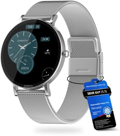 Zenwatch Venice Pro 2.0 Silber Smartwatch mit Bluetooth Telefonie – 1,32 AMOLED 466x466, 123 Sportmodi, Herzfrequenz, Blutdruck & SPO?, IP68 Wasserdicht, 200 mAh Akku, kompatibel mit Android & iOS
