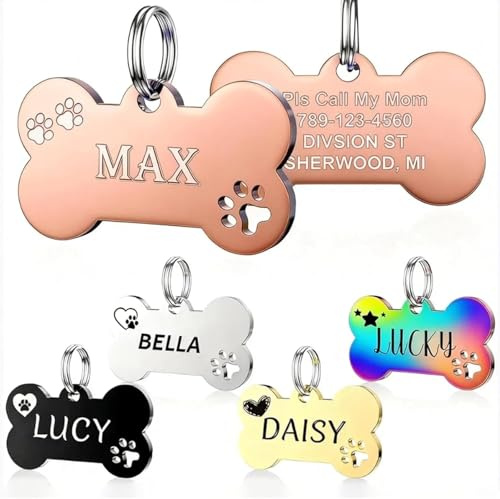 Hundemarke personalisiert mit Gravur Beidseitig aus Edelstahl, Individuell gravierbar, Robuste Tiermarke Personalisierte Hund Katze Hundehalsband Tag (Hohle Knochen-rose Gold)