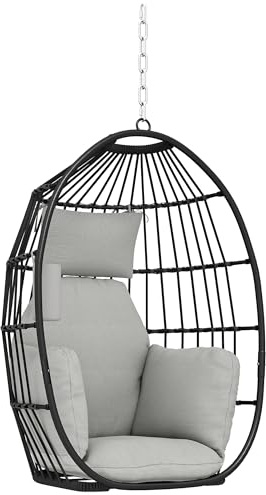 Outsunny Hängesessel, Eier-Hängesessel, Hängesessel-Schaukelstuhl – faltbarer Korb, gepolsterte Kissen, Getränkehalter, Kopfkissen, für drinnen und draußen, Tragkraft 120 kg, dunkelgrau