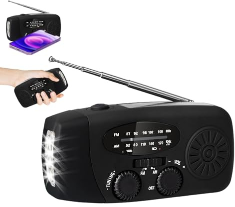 Kurbelradio,Notfallradio mit Kurbel und Solar,AM/FM/WB-Empfang,USB-Ladefunktion,LED-Beleuchtung,IP3X Wasserdicht,für Outdoor-Abenteuer, Wandern und Camping (Schwarz)