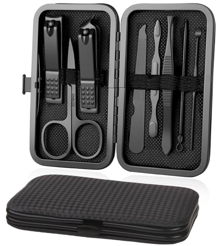 URAQT Professional Manicure Set, 8 pcs Nail Grooming Kit, Black | Nail Care Tools, with Luxurious Leather Case, Portable Stainless Steel Nail Clippers & Eyebrow Grooming Kit for Travel & Home