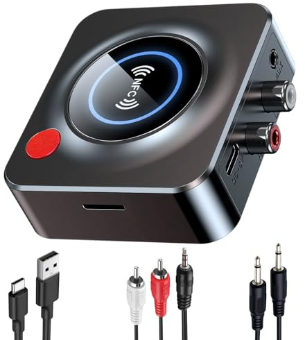 Récepteur Bluetooth 5.1 Adaptateur sans Fil RCA 3,5 mm Jack AUX | Récepteur Audio Stéréo HiFi pour Voiture Smartphone Tablette Enceinte Home Cinéma, Support Carte TF et Fonction NFC