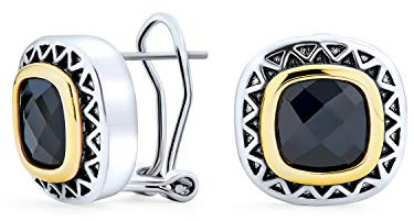 Schwarzer Onyx Zirkonia Zweifarbige Quadratische Kissen Omega Ohrringe Für Damen Silber Gold Beschichtetes Messing