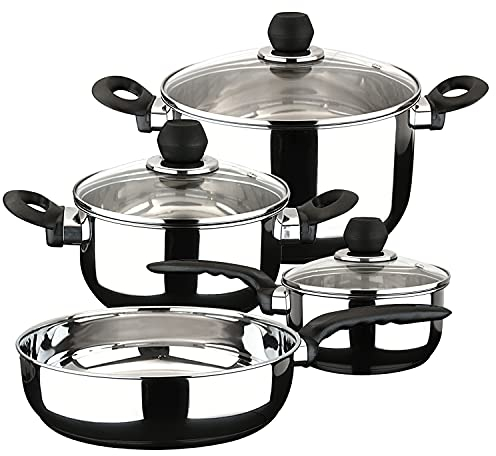 MAGEFESA ® Practika batería de cocina, 7 piezas, fabricada en Acero Inoxidable, su fondo difusor garantiza la distribución de calor, INDUCCIÓN, fácil Limpieza y Apta lavavajillas