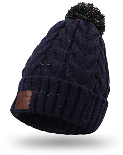 August EPA30L Bluetooth 5.0 Bobble Hat – Winter Warm Music Hat with Wireless Stereo Headphones & Mic for Hands-Free Calls, Unisex for Adults & Kids, 100% Acrylic Wool, Machine Washable – Navy