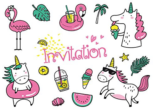 Edition Colibri 10 Einladungskarten Schwimmbad-FÉTE in französischer Sprache für Kindergeburtstag oder Party mit Einhorn und Flamingo 10981 FR