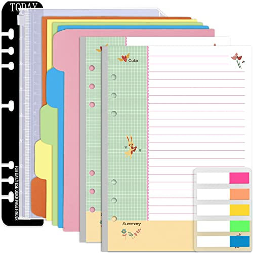 Rancco Cornell-Note Taking-System A5 Planer-Nachfüllpapier, 90 Seiten, bunt, 5R Cornell Notes 6-Ringbuch-Einlagen mit Reißverschlusstasche, Ordner-Trenner, Lineal, Index-Tab, College liniert, 21,1 x