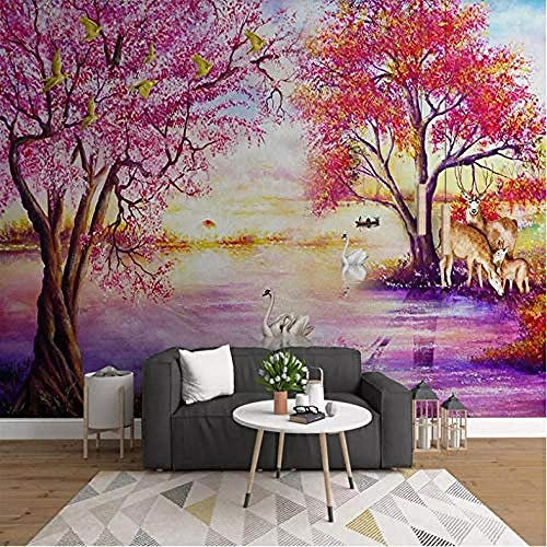 Fototapete Wandbild Vliestapete Europäische Waldbaum-Baum-Elch-Schwanensee-Wand-Wandgemälde-Plakat-Foto-Wand 3D Tapete
