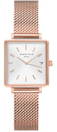 Rosefield Damenuhr The Boxy XS Roségold 22 * 24 mm Quadratisches Gehäuse mit Weißem Zifferblatt und Roségoldenem Band - QMWMRG-Q040