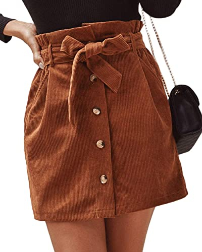 ebossy Damen Paperbag High Waist Button Front Cord Mini Rock mit Gürtel, Braun, X-Groß