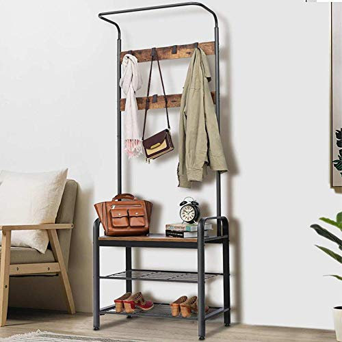 BAKAJI Portemanteau 9 Crochets Structure en métal avec Banc à Chaussures, 2 étagères, Assise en Bois MDF foncé, Design Moderne, Industriel, Dimensions 73 x 34 x 183 cm