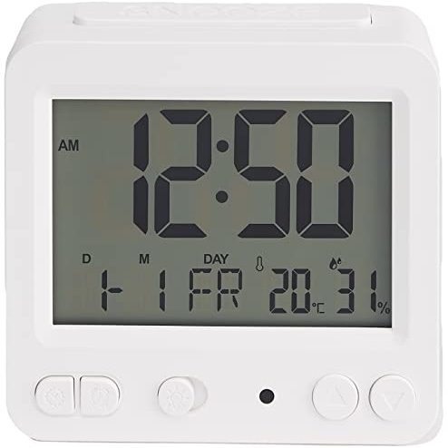 Amazon Basics Tabletop Square Digital Alarm Clock With Light, Temperature & Date Display, White, 1.9 x 3.7 x 3.5