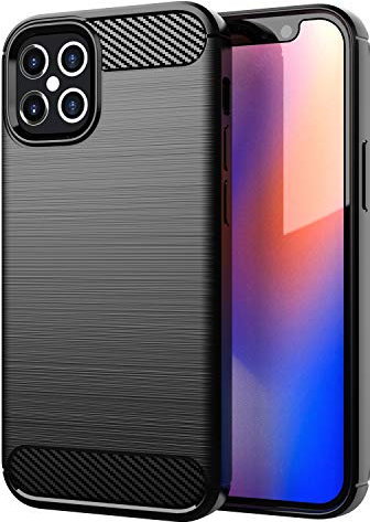 cadorabo Coque pour Apple iPhone 12 / iPhone 12 Pro en Noir BROSSÉ - Coque de Téléphone Portable en Silicone TPU en Fibre Optique de Carbone en Acier Inoxydable - Protection Etui Souple Ultra Mince