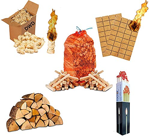 Aurahome DWD Home Real Fire/Fire Pit Starter Kit Includes 20Kg Kiln Dried Hardwood Logs, Kiln Dried Kindling, Fibre & Twizzler Firelighters I Long Safety Matches Fireplace Stove Pizza Ovens,Chimineas