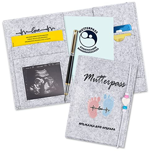 Mutterpasshülle aus Filz – mit Fächern für Versicherungskarten, Ultraschallbilder & Impfpass – Geschenk für Schwangere & werdende Mütter (Hellgrau)