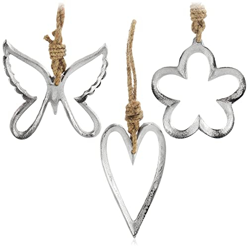 COM-FOUR® 3X Metallanhänger für den Weihnachtsbaum - Christbaumschmuck aus Metall in Form von Herz, Blume und Schmetterling [Auswahl variiert] (3 Stück - Mix 1)