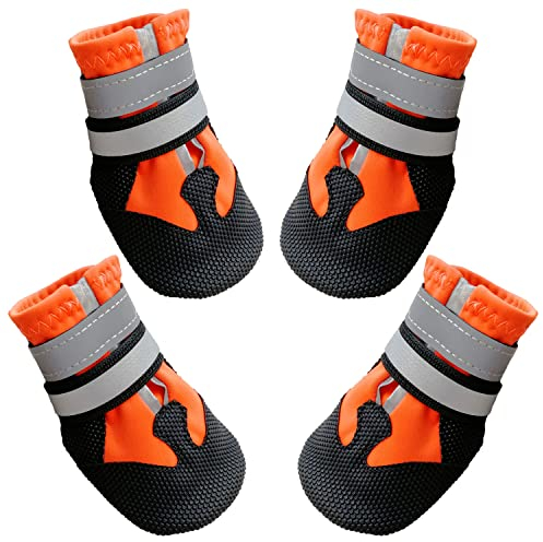 AMOMYDOG Hundeschuhe, 4 Stück Atmungsaktive Hunde Schuhe Outdoor mit Rutschfester Sohle, Verstellbarem Reflektierendem Klettverschluss Hundestiefel für kleine, Mittlere und Große Hunde (Orange, XXL)