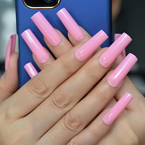 Pink Glossy False Nails Super Long Square Fake Nails Party Prom Woman Girl Acrylic Salon DIY 24 pcs/kit