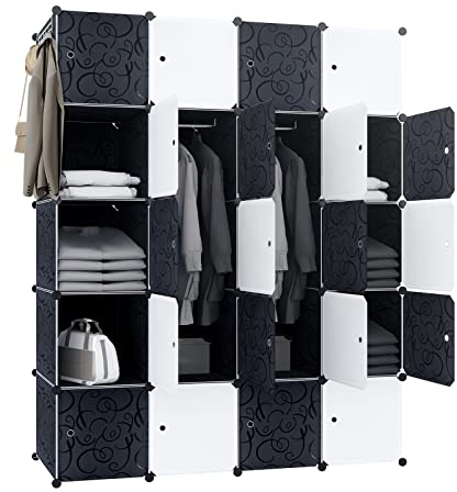 YARDIN Kleiderschrank DIY Plastik Regalsystem Kunststoff-Garderobe mit Hängefläche Garderobenschrank mit Kleiderstange，20 Fächer(145x37x178cm Schwarz mit Muster)