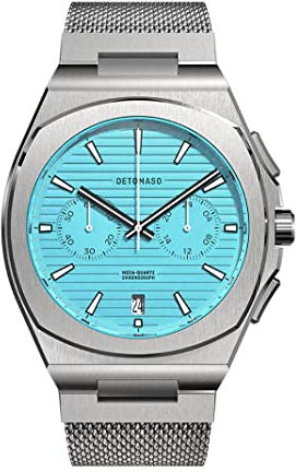 DeTomaso VOLTRE Chrono First Edition Minty Blue Türkis Herren-Armbanduhr Analog Quarz Mesh Milanese Silber