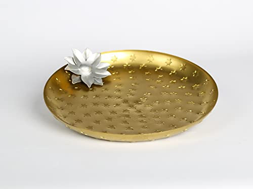 Small Star Embossed Decorative Antique Brass Serving Dish Tray Diwali Navratri Indian Occasions Festival Lotus Flower Party Home Decor