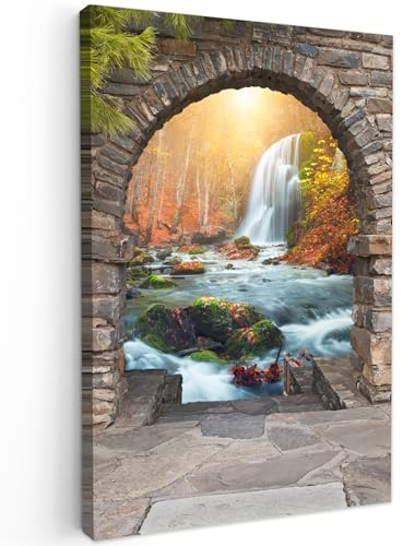 MuchoWow© Wandbilder Klein 20x30 cm Mini Schlafzimmer Home Deko Wohnung Bild Wohnzimmer Fotoleinwand Wand Bilder Leinwand Wall Decor Fensterblick - Wasserfall - Herbst - Landschaft