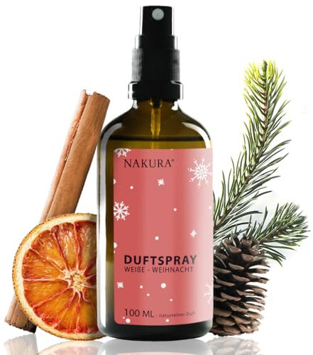 NAKURA® Weihnachtsduft Spray „Weiße Weihnacht“ – 100 ml Bio Raumspray & Lufterfrischer | Natürliches Duftspray Weihnachten mit ätherischen Ölen von Weißtanne, Orange & Zimt – Raumduft ohne Chemie