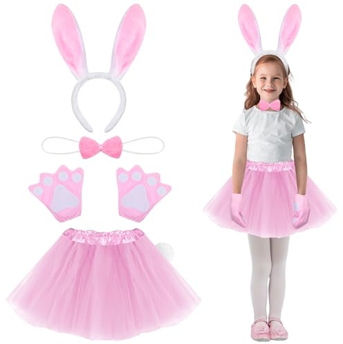 Sintege 5 Pcs Set de Costume de Lapin pour Enfants Set de Bandeau d'Oreilles de Lapin Tutu pour Filles de Carnaval (Rose)