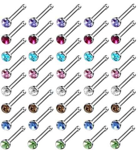 BZKSER Piercing Nez- 60 pcs de Piercing de Nez, Clou de Nez, Piercing de Nez, Strass en Cristal, Barre de fierté Droite en Acier Inoxydable, Anneau de Nez (Multicolore)