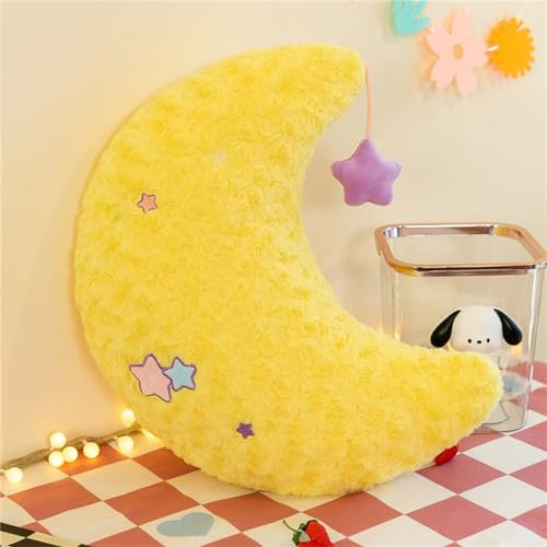Uixxducc Kuschelkissen Kinder Sternkissen Mondkissen, Weiche Flauschige Stern Mond Kissen Zierkissen Sofakissen, Plüsch Dekokissen für Kinderzimmer Schlafzimmer Deko Geschenke für Kinder (Gelb,Mond)