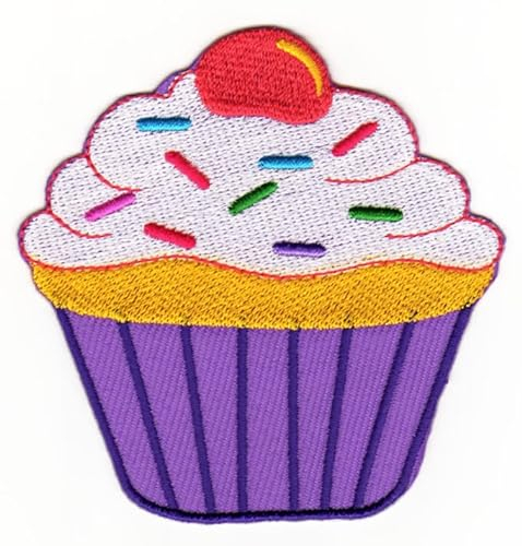Muffin Lila Cupcake Aufnäher - Gestickter Patch zum Aufbügeln oder Aufnähen, Applikation für Kleidung, Bügelbild für Kinder und Erwachsene, Größe 8,2 x 8,2 cm
