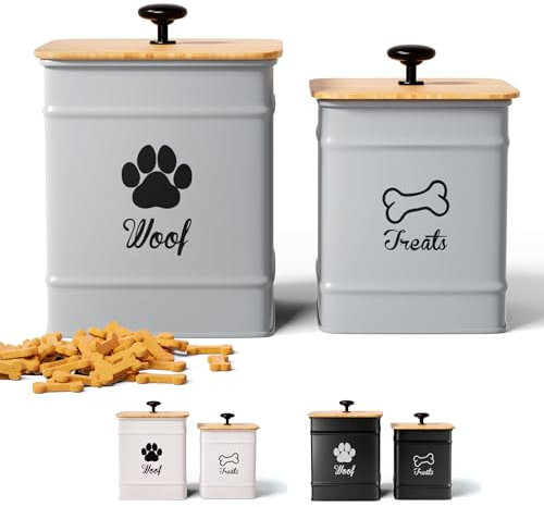 Dog Treat Container Airtight Set of 2 - 8x6 & 7x5 inch Iron Dog Treat Jars for Kitchen Counter with Airtight Bamboo Lids - 20 Cup Capacity Pet Treat Container Set - Doggie Cookie Jar - Treats Canister