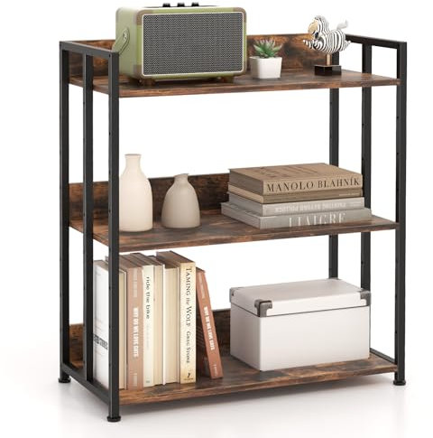 COSTWAY Bibliothèque Industrielle à 3 Niveaux, Étagère de Rangement avec Cadre en Métal, Étagères Réglables, Dispositif Anti-basculement, pour Bureau, Salon, 35 x 70 x 81 cm, Marron Rustique