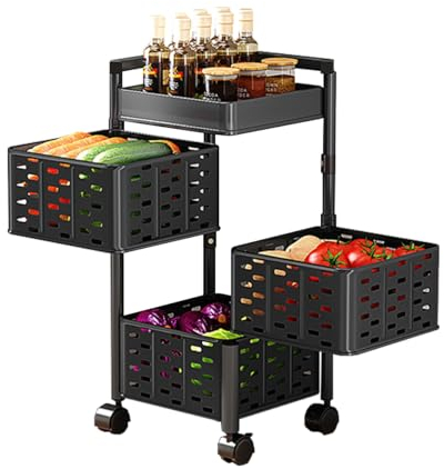 Heikoeco® Servierwagen, Küchenwagen, drehbarer Servierwagen mit Rollen aus extra Dicker Stahl, platzsparender Rollwagen, Magnetisches Design, Bad, Küche (Schwarz Eckig, 3 Ebene)