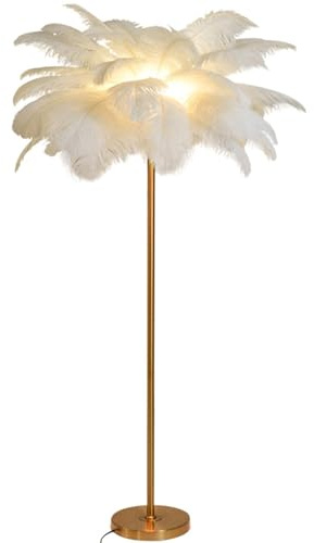 Lampe à Plumes sur Pied Dimmable - Corps Doré, 160 cm de Haut - Lampadaire de Lecture pour Salon, Chambre à Coucher - G4-LED, Blanc, Grand