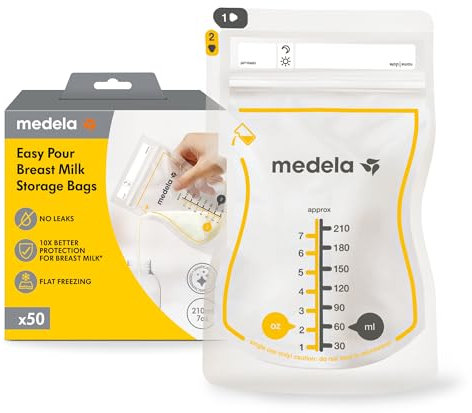 Medela Easy Pour Breastmilk Storage Bags, Disposable 210ml Bags, Leak Proof, Protect Milk Nutrients, BPA Free, Pack of 50 Bags